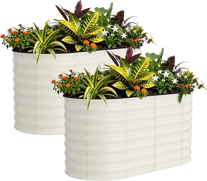 GarveeTech Oval Raised Garden Bed 4x2x2 ft - 0.6mm Thick Metal Raised Bed, Rust & Corrosion Resistant, Open Bottom for Drainage, Anti-Cut Strip Included, for Vegetables Flowers Planting, 2 PCS