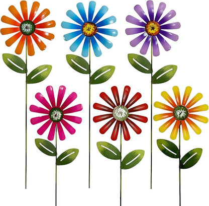 Metal Garden Flower Stakes, 6 Pack 14" Outdoor Decorative Yard Art with Bright Colors, Weather Resistant Flower Ornaments for Lawn Patio Pathway
