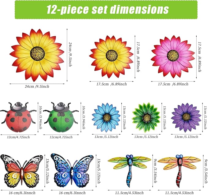 Super Ubelle 12 Pcs 3D Metal Garden Flower Wall Art Decor Kit | Outdoor Wall Art Flower Butterfly Dragonfly Ladybug Hanging Decorations for Patio Yard Backyard Balcony