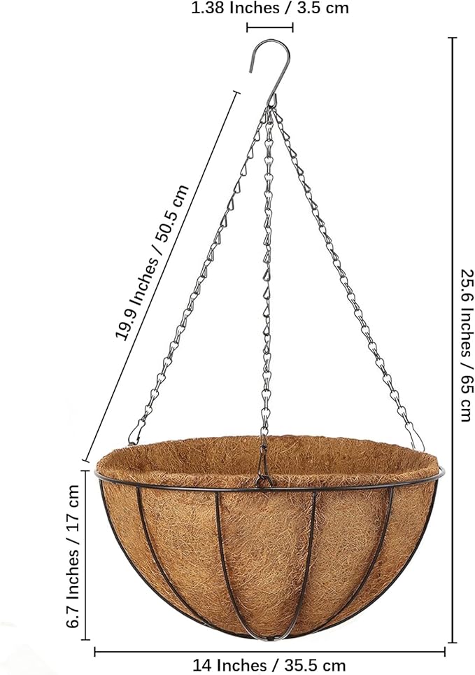 LCHUANG Hanging Baskets Planter for Plants - 4 Pack 14 Inch Metal Baskets with Coco Coir Liner, Hanging Flower Pots for Outside with Chain, Indoor Outdoor Garden Porch Decoration (14'' Pack of 4)