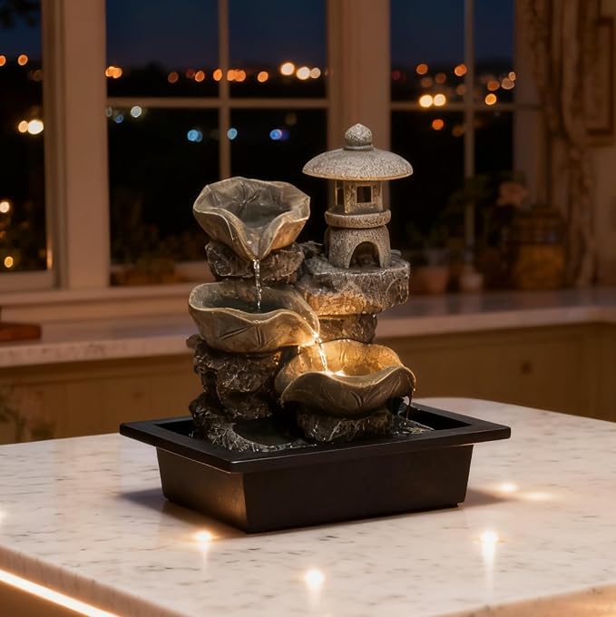 Indoor Tabletop Waterfall Fountain with Rock Pagoda & Lotus Leaf, Design for Home Office Desk Decor, Soothing Zen Water Feature with Warm Light for Relaxation & Meditation