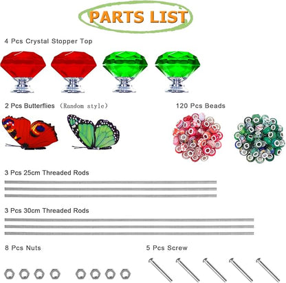 145 PCS Beaded Garden Stakes Kit, DIY Fairy Wand Garden Stake Beads Kits with Assortment Large Hole Beads 4 Crystal Stopper Top 2 Colored Butterfly Tops and Threaded Rods for Outdoor Indoor Decor