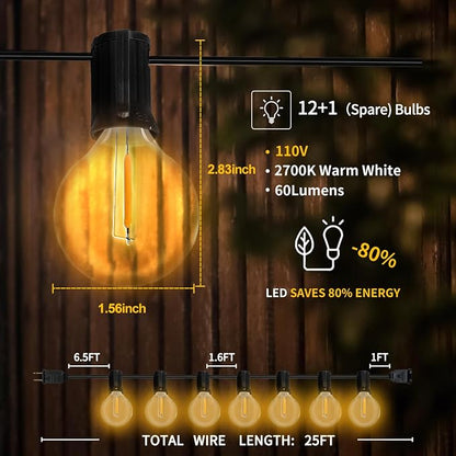 GvvooHome Outdoor String Lights, LED Patio Hanging Lights with Waterproof G40 Globe Plastic Bulbs for Outside Backyard Porch Garden Cafe Decor (25ft - 14 LED Bulbs)