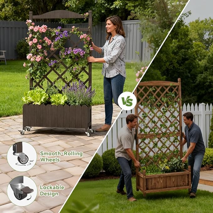 COMHOMA Planter Box with Trellis and Wheels, 48In Elevated Raised Garden Bed, Drainage Holes, Outdoor Lattice for Climbing Flowers, Vegetables, Patio Balcony, Brown