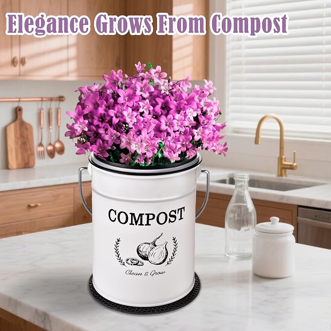 AOSION 1 Gallon Countertop Compost Bin for Kitchen with Lid,Odor Resistant | Farmhouse compost bin with charcoal filter,inner bucket and bags,easy kitchen food waste storage