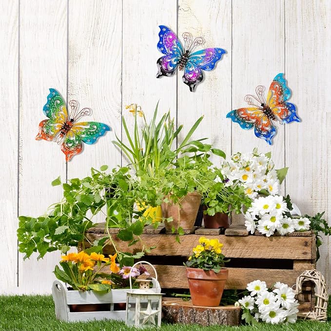 3 Pack Metal Butterfly Wall Decor, Colorful Metal Butterfly Outdoor Wall Art, Hand-Made Outdoor Wall Decor For Garden, Patio, Fence, Yard