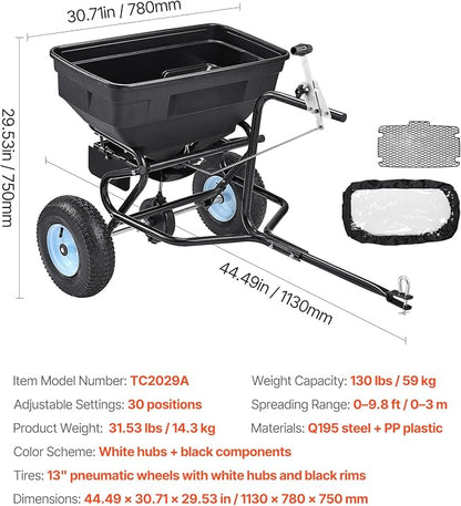 VEVOR Tow Behind Broadcast Spreader, 130LBS Capacity, Tow/Push Garden Spreader with 13 in Tires, 30 Adjustable Setting & 9.8 ft Spreading Width, Lawn Spreaders for Seed, Fertilizer, Salt, Ice Melt