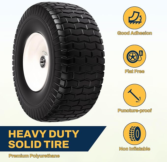 2 PCS 15x6.00-6 Flat Free Lawn Mower Tire and Wheel, 15x6-6 Front Tire Assembly Compatible with John Deere Husqvarna Riding Mowers Lawn Tractors, with 3/4" & 5/8" Bearings, 3" Centered Hub