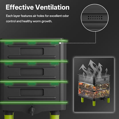 3-Layer Worm Composter, 50L Worm Compost Bin for Indoor & Outdoor, Worm Farm Starter Kits for Vermicomposting Starter, Garden Composting Bin for Recycling Food Waste (Black)