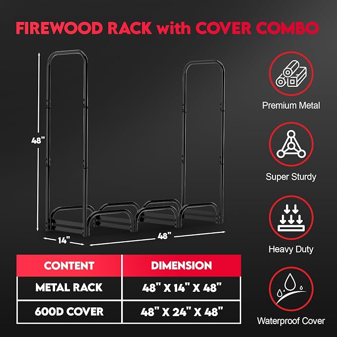 Zettum 4ft Firewood Log Rack with Cover - Outdoor Wood Stand Holder with Cover Heavy Duty, 4 Feet Metal Fire Wood Pile Organizer and Cover Combo Set for Fireplace Storage (48 x 14 x 48 Inch)