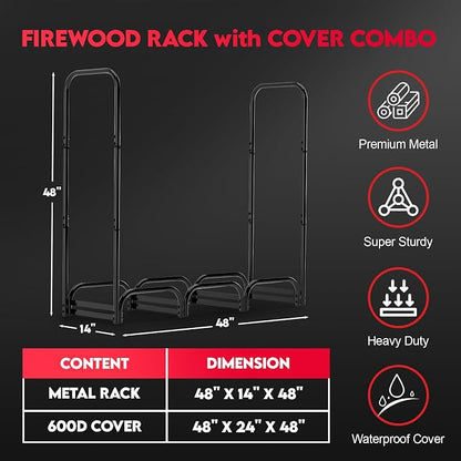 Zettum 4ft Firewood Log Rack with Cover - Outdoor Wood Stand Holder with Cover Heavy Duty, 4 Feet Metal Fire Wood Pile Organizer and Cover Combo Set for Fireplace Storage (48 x 14 x 48 Inch)