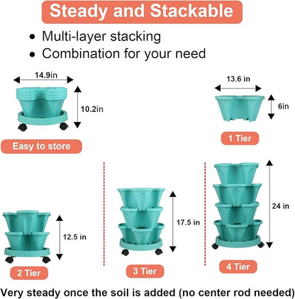 GameXcel Vertical Planter Tower - 4 Tier Stackable Garden Planters with Wheels and Tools Plant Pots for Strawberry Herb Flower and Vegetable Indoor Outdoor Use Teal