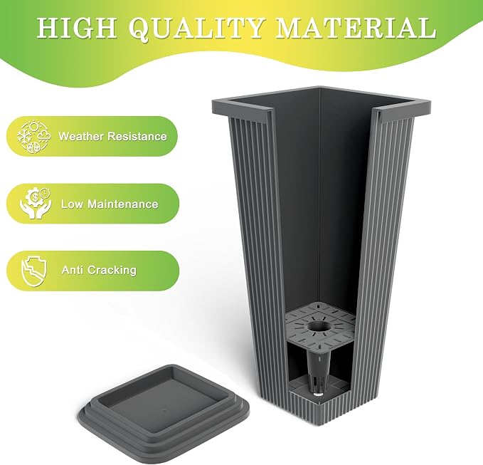 TUYOHW Set of 2 Tall Planters, 24" Large Indoor Outdoor Flower Pots with Tray, Modern Tapered Planters for Porch, Patio, Garden, Backyard