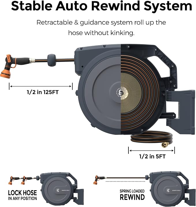 Giraffe Tools Retractable Hose Reel 1/2 in x130 FT PRO Metal Bracket Wall Mounted Heavy Duty Hose Reel with 7 Pattern Nozzle 180 Deg Swivel, Metal Bracket Any Length Lock (1/2 130FT PRO, Dark Grey)