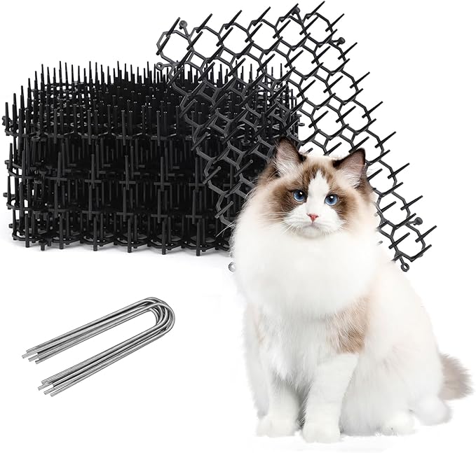 TSLBW 6.2 * 8 Inch 12 Pcs Cat Scat Mat with SpikesCat Repellent Mat with Spikes Pet Deterrent Net Anti Cat Mat Gardening Plastic Cat Scat Mat with 8 U-Shaped Pegs Wild Animal Garden Plants