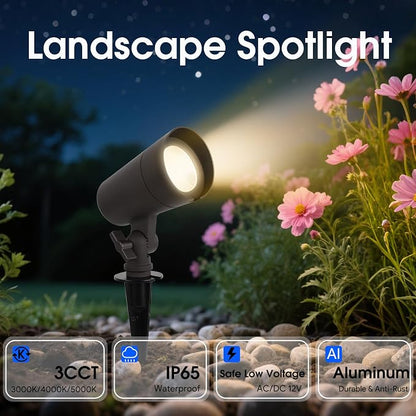 3CCT LED Landscape Lights with Connectors, 12V Low Voltage, 3000K/4000K/5000K Selectable, 3W, 200LM, Outdoor Waterproof Garden Pathway Lights Wall Tree Flag Spotlights with Spike Stand, 8 Pack