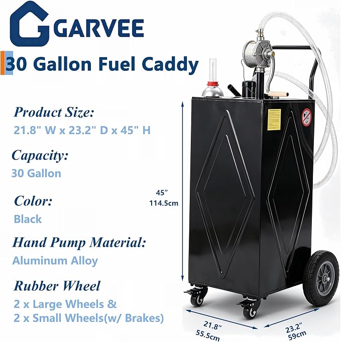 Garvee 30 Gallon Fuel Caddy with Manual Transfer Pump, Portable Gas Storage Tank on 4 Wheels, Gasoline & Diesel Fuel Storage Tank for Cars, Lawn Mowers, ATVs, Boats, More, Black | Portable Gas Storage Tank on 4 Wheels, Gasoline & Diesel Fuel Storage Ta...