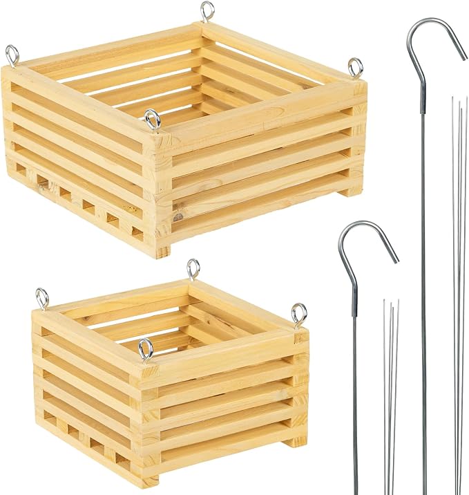 Wooden Orchid Baskets with Hangers for Epiphytes & Vandas, 6" & 8" Square Hanging Planter Set for Patio, Balcony Decor, Garden Flower Pots for Indoor Outdoor Plants, 2 Pack