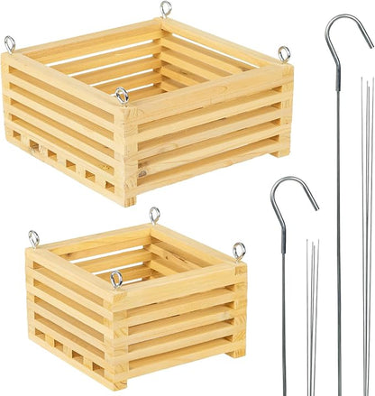 Wooden Orchid Baskets with Hangers for Epiphytes & Vandas, 6" & 8" Square Hanging Planter Set for Patio, Balcony Decor, Garden Flower Pots for Indoor Outdoor Plants, 2 Pack