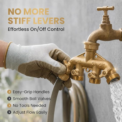 Morvat Brass 4-Way Splitter LEAD-FREE, Heavy-Duty Garden Hose Manifold Connector with Improved Comfort Grip ON/OFF Valves, Adapter for Water Faucet & Spigot, Includes 8 Washers, Teflon Tape (1-Pack)