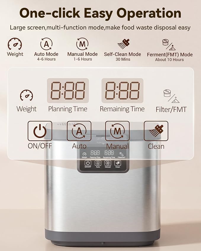 Electric Composter for Kitchen, 4L Indoor Odorless Compost Bin with 2 Carbon Filters, Upgraded Brushless Motor, Auto-Clean, LED Display, Visible Window, Smart Countertop Food Waste Composting Machine