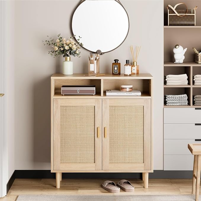 Garvee 36" Modern Rattan Sideboard Cabinet - 2-Door Storage Buffet with Shelf, Boho TV Stand & Coffee Bar for Dining Room, Kitchen & Entryway