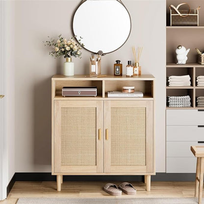 Garvee 36" Modern Rattan Sideboard Cabinet - 2-Door Storage Buffet with Shelf, Boho TV Stand & Coffee Bar for Dining Room, Kitchen & Entryway