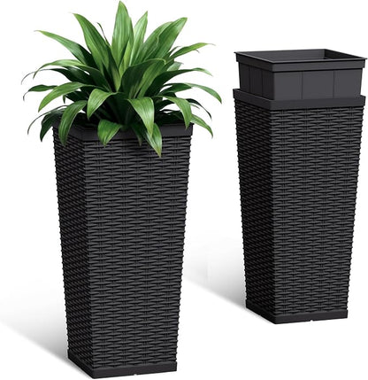 24 Inch Tall Plastic Planters (Set of 2), Detachable Inner Pot & Drainage Holes, Outdoor Decorative Flower Pots for Large Plants, Trees, Patio, and Garden, Black