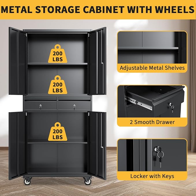 71" Black Metal Storage Cabinet with Wheel, Garage Storage with 2 Drawers + 2 Adjustable Shelves, Heavy Duty Tool Cabinet with Locking Doors for School, Workshop, Office, Black