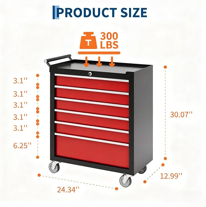 IDEALHOUSE Rolling Tool Chest, 6 Drawers Tool Storage Cabinet, Toolbox with Wheels, Portable Tool Cabinet Organizer with Locking System & Drawer Liners, Tool Storage Cart for Garage, Workshop
