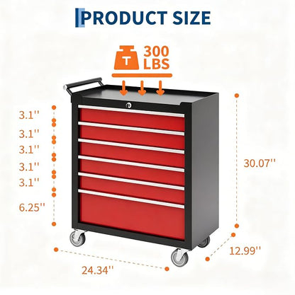 Garvee Rolling Tool Chest, 6 Drawers Tool Storage Cabinet, Toolbox with Wheels, Portable Tool Cabinet Organizer with Locking System & Drawer Liners, Tool Storage Cart for Garage, Workshop, Black＆Red