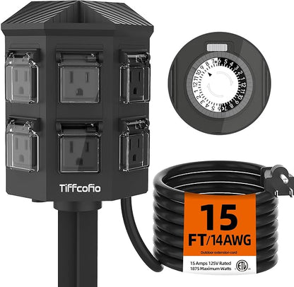 TiFFCOFiO Outdoor Power Strip Waterproof, 24 Hour Mechanical Timer, 15 ft Extension Cord, 6 Grounded Outlets for Outdoor Lights, ETL Listed (15 FT)