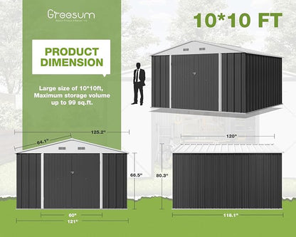 Greesum 10x10FT Outdoor Storage Shed, Utility Tool Shed Metal Storage Shed with Door & Lock for Patio Storage, Garden, Lawn, Gray