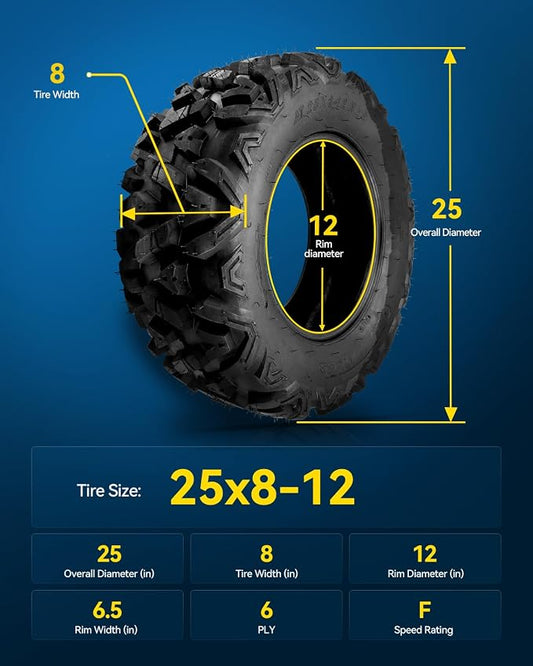 PHILTOP 25x8-12 ATV UTV Tires, 6-Ply Super Mud 25x8-12 ATV All-Terrain Tires for Riding Mowers, Golf Carts, Off-Road,1 Pcs,Tubeless (Z-199)