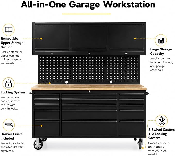 CHETTO C 72 inch Tool Chest Tool Box Mobile 15 Drawers Storage 3 Upper Cabinets SS-Pegboard Rolling Cabinet with Wheels Lock Key Locking System Drawer Liners for Garage Warehouse Repair Shop Black