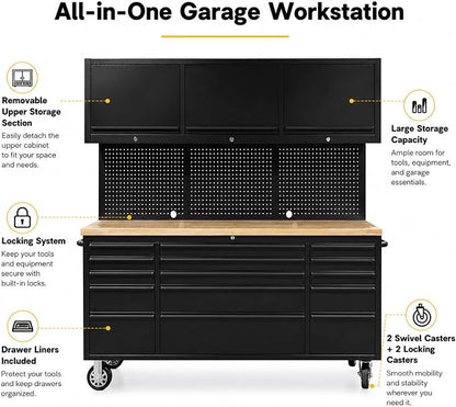 CHETTO C 72 inch Tool Chest Tool Box Mobile 15 Drawers Storage 3 Upper Cabinets SS-Pegboard Rolling Cabinet with Wheels Lock Key Locking System Drawer Liners for Garage Warehouse Repair Shop Black