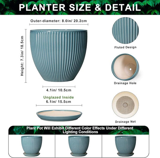 Ceramic Planter, 8 Inch Plant Pot Indoor with Drainage Hole and Saucer, Decorative Planters for Indoor Plants, Modern Flower Pots, Round Planter, Room Decor, Gifts for Plant Lovers, Glaze Blue