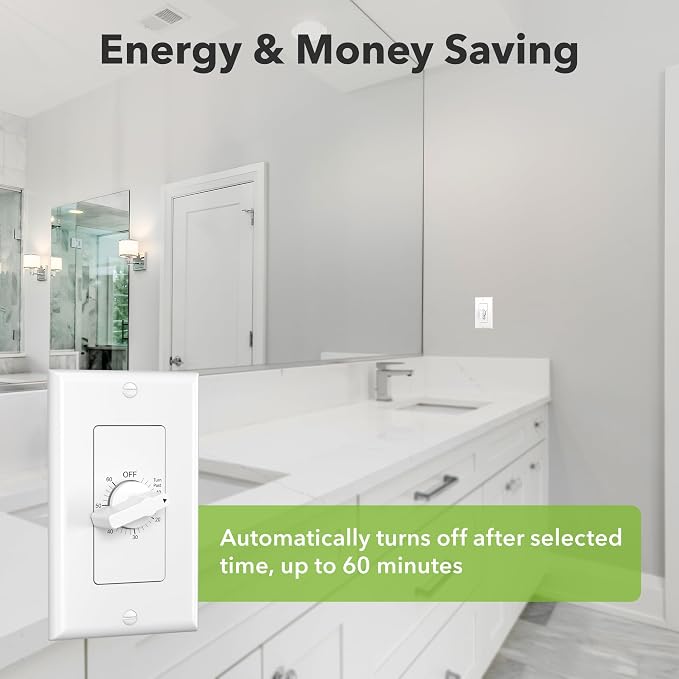 BN-LINK 60 Minute Spring Wound Bathroom Fan Timer Switch, Mechanical Countdown Light Switch Timer for Exhaust Fan & Lights, No Neutral Required, Wall Plate Included, ETL Listed, 2 Pack
