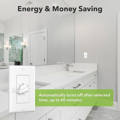 BN-LINK 60 Minute Spring Wound Bathroom Fan Timer Switch, Mechanical Countdown Light Switch Timer for Exhaust Fan & Lights, No Neutral Required, Wall Plate Included, ETL Listed, 2 Pack