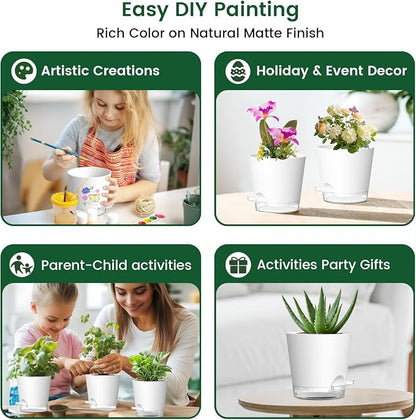 Meowell 6 inch Self Watering Pots for Indoor Outdoor Plants, 3 Pack Flower Plant Pots with Drainage Holes and Clear Reservoirs, Visible Water Level, Plastic Planters with Wicking Rope, White