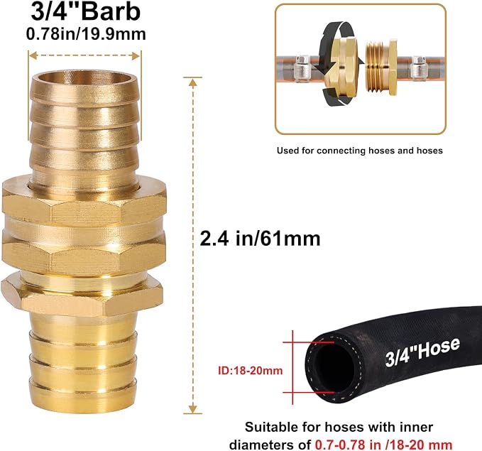 SIGURANTA Garden Hose Repair Kit for 3/4 Inch Hoses, 2 Sets | Solid brass male & female barb and GHT connectors, supplied with hose clamps, detachable for single end hose repair