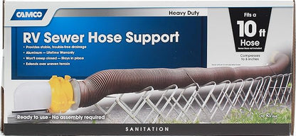 Camco Aluminum Sewer Hose Support, Supports Sewer Hoses Up to 10', Includes Strap Kit to Secure Your Hose in Place, Durable Construction, Lightweight Design, 40351