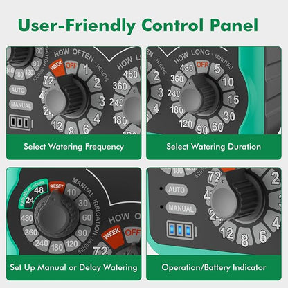 RESTMO 3-Dial Analog Sprinkler Timer with Brass Inlet & Outlet, Mechnical Water Timer for Garden Hose with Manual/Rain Delay, Automatic Drip Irrigation System, 480 Minutes Max Watering, Easy to Set Up