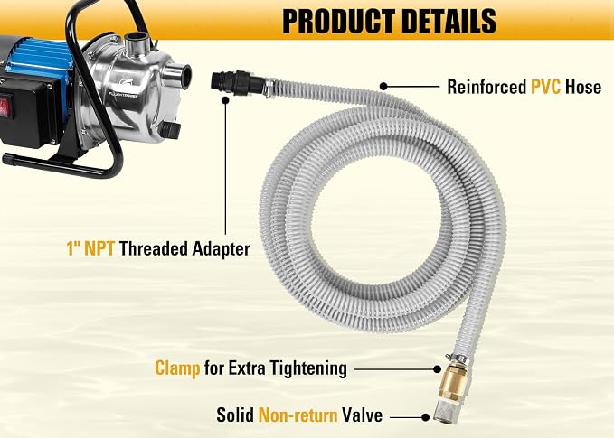 FLUENTPOWER 23FT x 1" Suction Hose Kit with Brass Fitting Check Valve and NPT 1" male Thread, Water Intake Hose Set, Aspiration Hose for Well Shallow Sprinkler Garden Booster Pump, Grayish-white