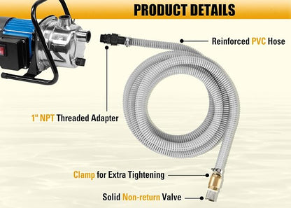 FLUENTPOWER 23FT x 1" Suction Hose Kit with Brass Fitting Check Valve and NPT 1" male Thread, Water Intake Hose Set, Aspiration Hose for Well Shallow Sprinkler Garden Booster Pump, Grayish-white