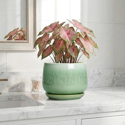 Ceramic Pots for Plants - 7 Inch Planters for Indoor Plants, Round Ceramic Plant Pot with Drainage Hole and Saucer, Decorative Planters, Rustic Home Decor, Plant Gifts for Women, Green