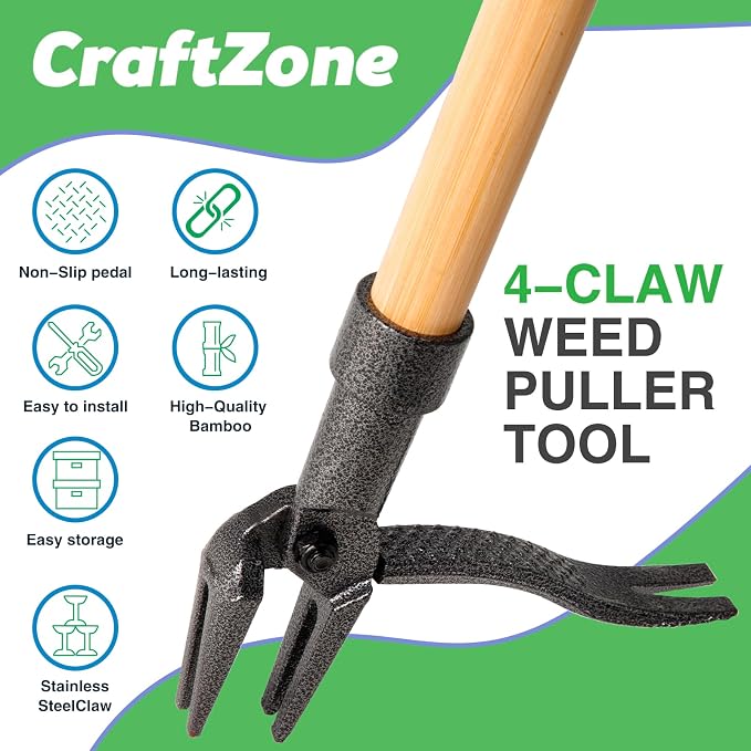 Weed Puller Long Handle Foot Platform Design 4-Claw Steel Head & Removable 3-Section Pole Garden Tools-Easily Remove Weeds Without Bending or Kneeling Stand Up Weed Puller Tool with Wooden