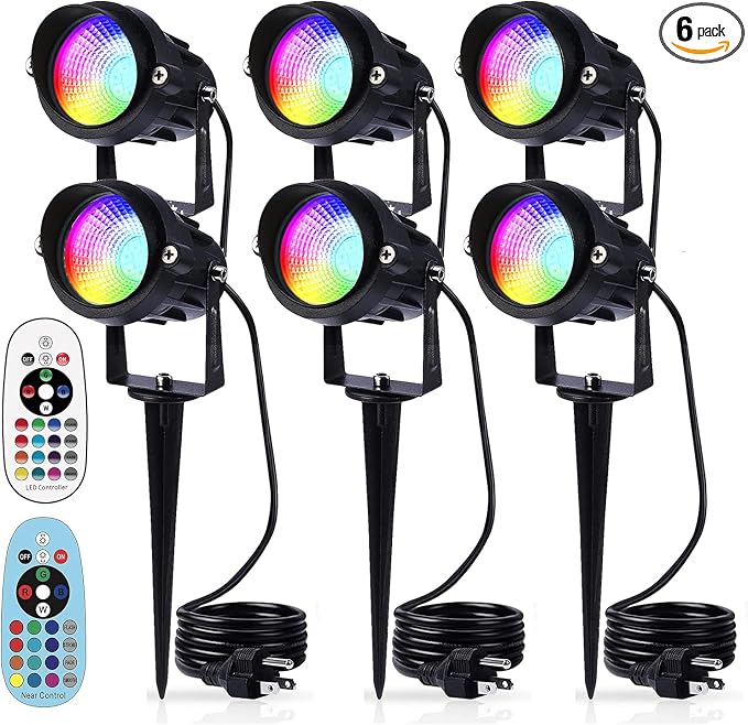 Halloween Landscape Lights with Remote Control 120V Landscape Lighting 12W RGBW Outdoor LED Spotlights Color Changing LED RGB Flood Spot Lights for Yard Garden Path Patio Tree Decorative
