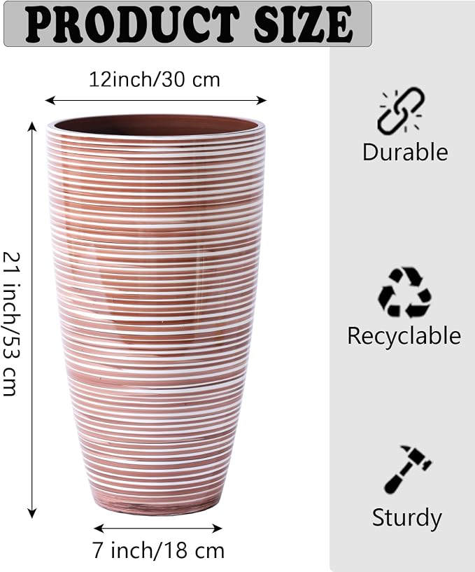 SUN-E Tall Planters for Outdoor Plants 2Pack, 21-Inch Large Striped Planter with Removable Insert Shelf,Ribbed Coffee&Milk Finish Tall Flower Pots for Front Porch Deck Boho Home Decor For Plant Lovers