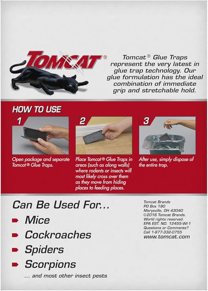 Tomcat Glue Traps Mouse Size with Eugenol for Enhanced Stickiness, 16 Traps | Sticky Pads For Mice, Cockroaches, and Spiders, 4 Packages with 4 Glue Traps Each